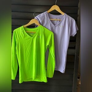 Under Armour Lot of 2 Semi Fitted Small V Neck Shirts Purple Yellow Green